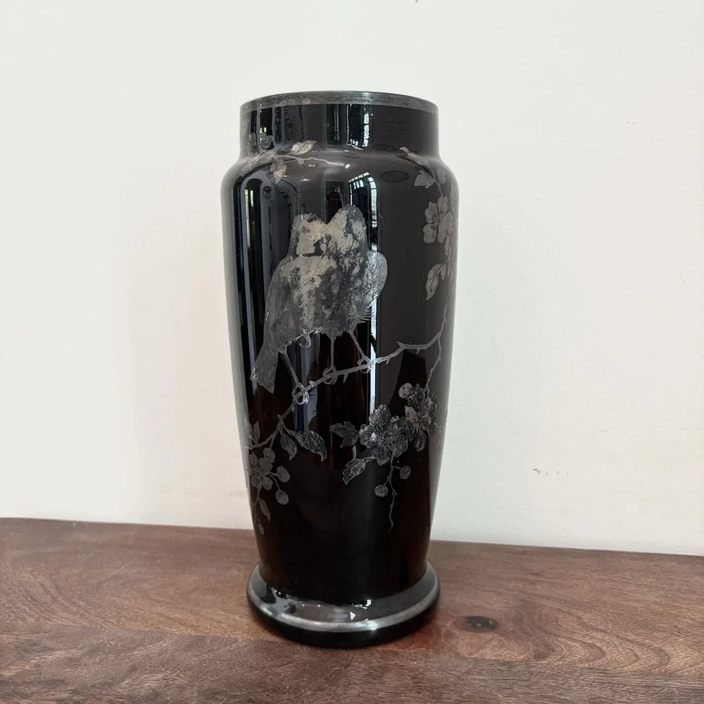 Vintage Czech Black Glass Etched Vase Birds Floral Art Deco Style Slovakia 10" - Picture 1 of 12
